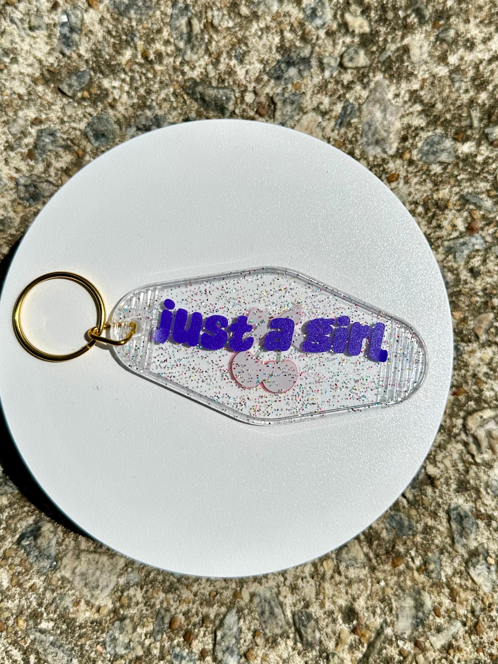 Just a Girl Keychain Clear Acrylic Key Tag, Cherry Bow Aesthetic Keychain, Coquette Style Accessory, Cute Girly Keychain, Trendy Gift for Her