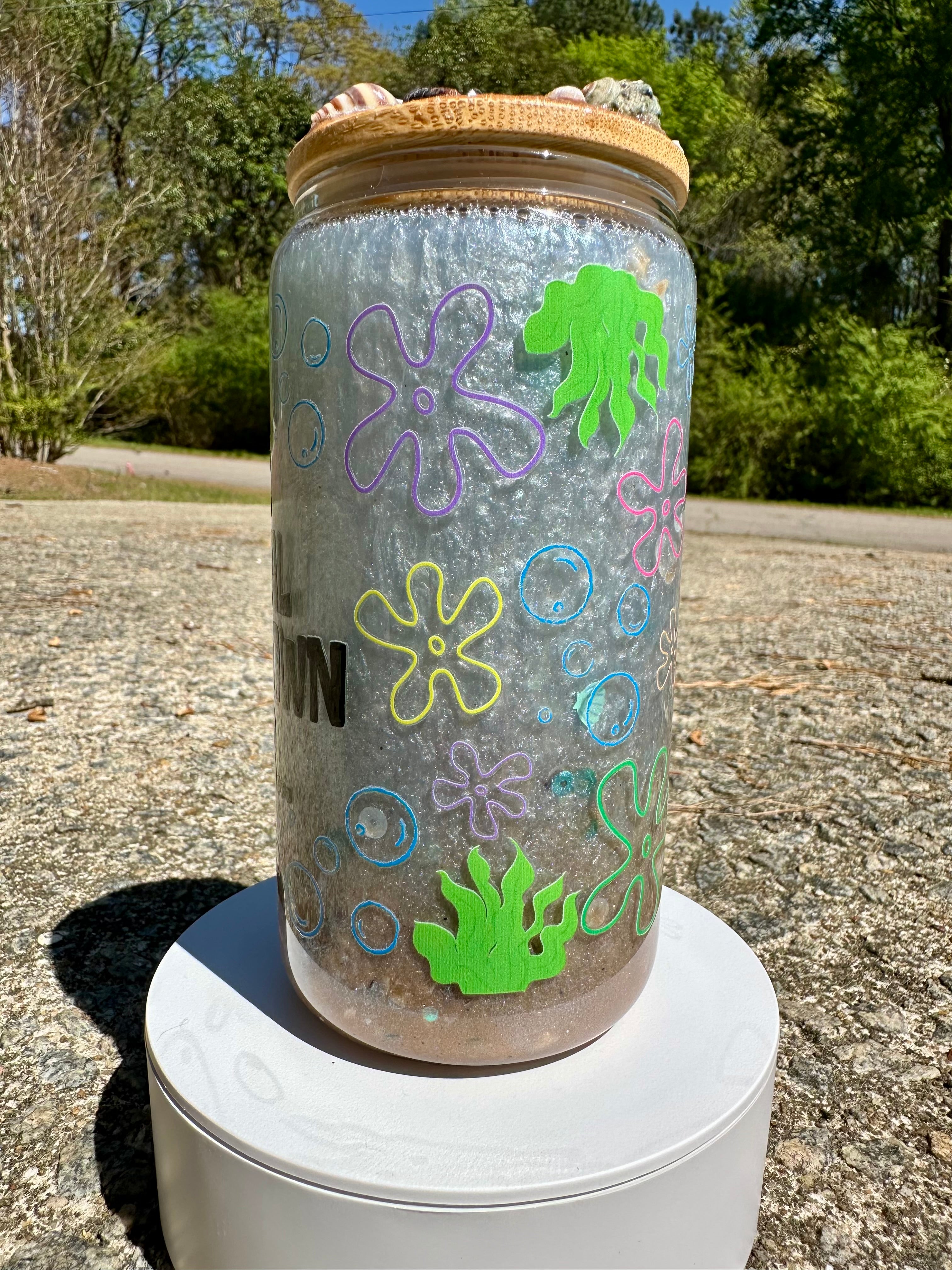 Beach Seashell Glass Tumbler – 16oz Coastal Aesthetic Can Cup with Bamboo Lid | Iced Coffee Glass | Beach Lover Gift
