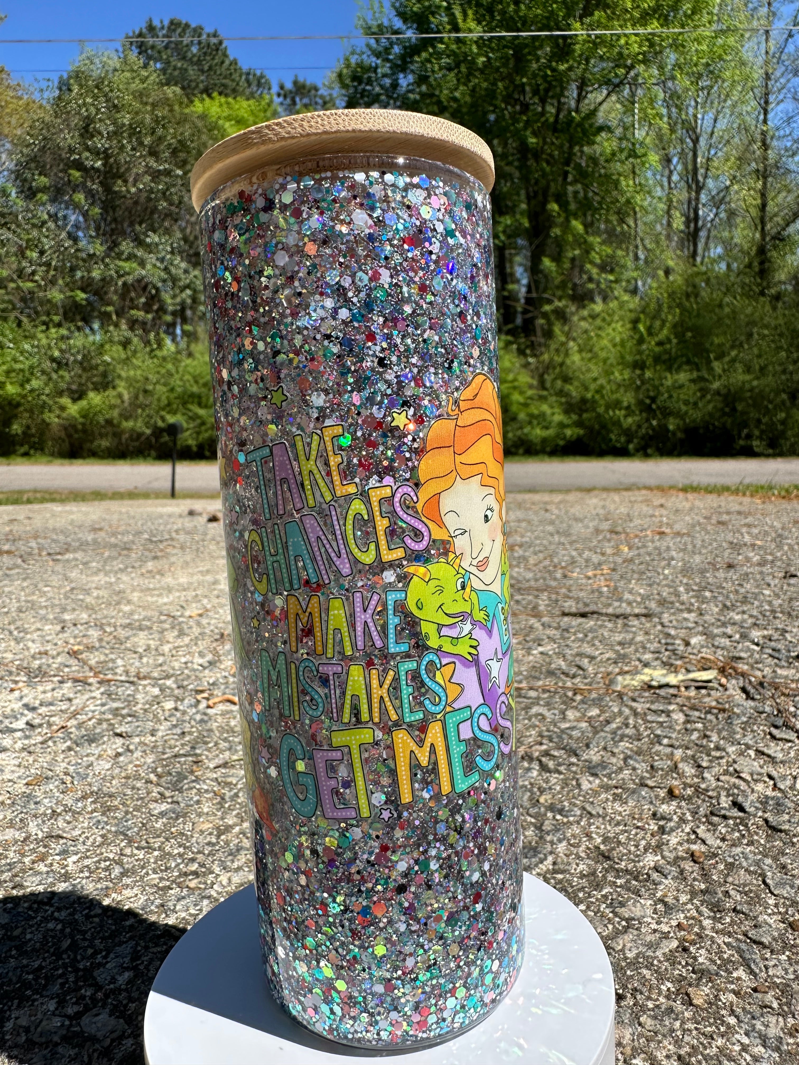 Take Chances Make Mistakes Get Messy Tumbler – 20oz Glass Can Cup with Bamboo Lid, Inspirational Teacher Gift Iced Coffee Cup