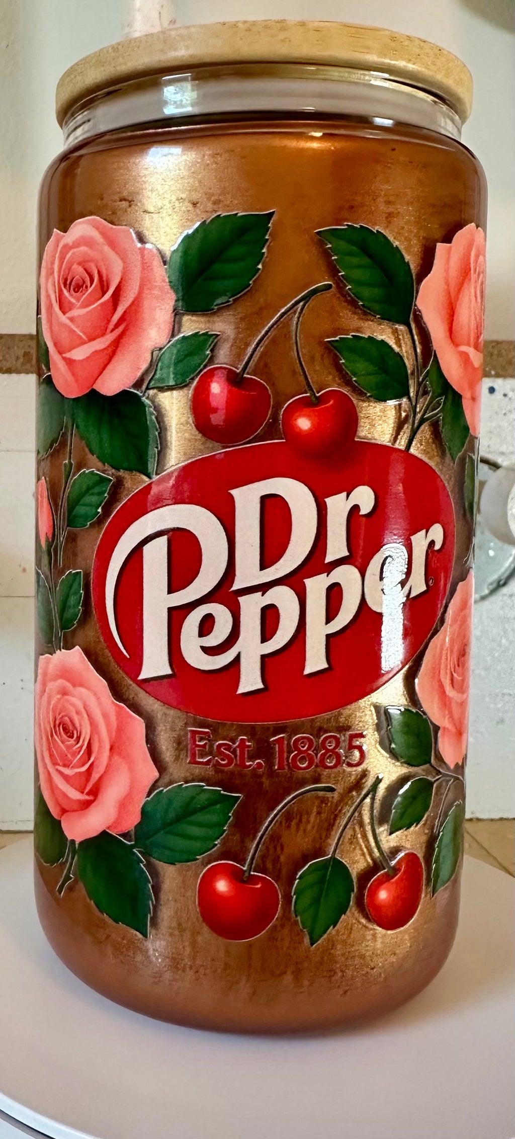 Cherry & Rose Vintage Soda-Inspired Glass Can Cup | Retro Floral Bamboo Lid Tumbler