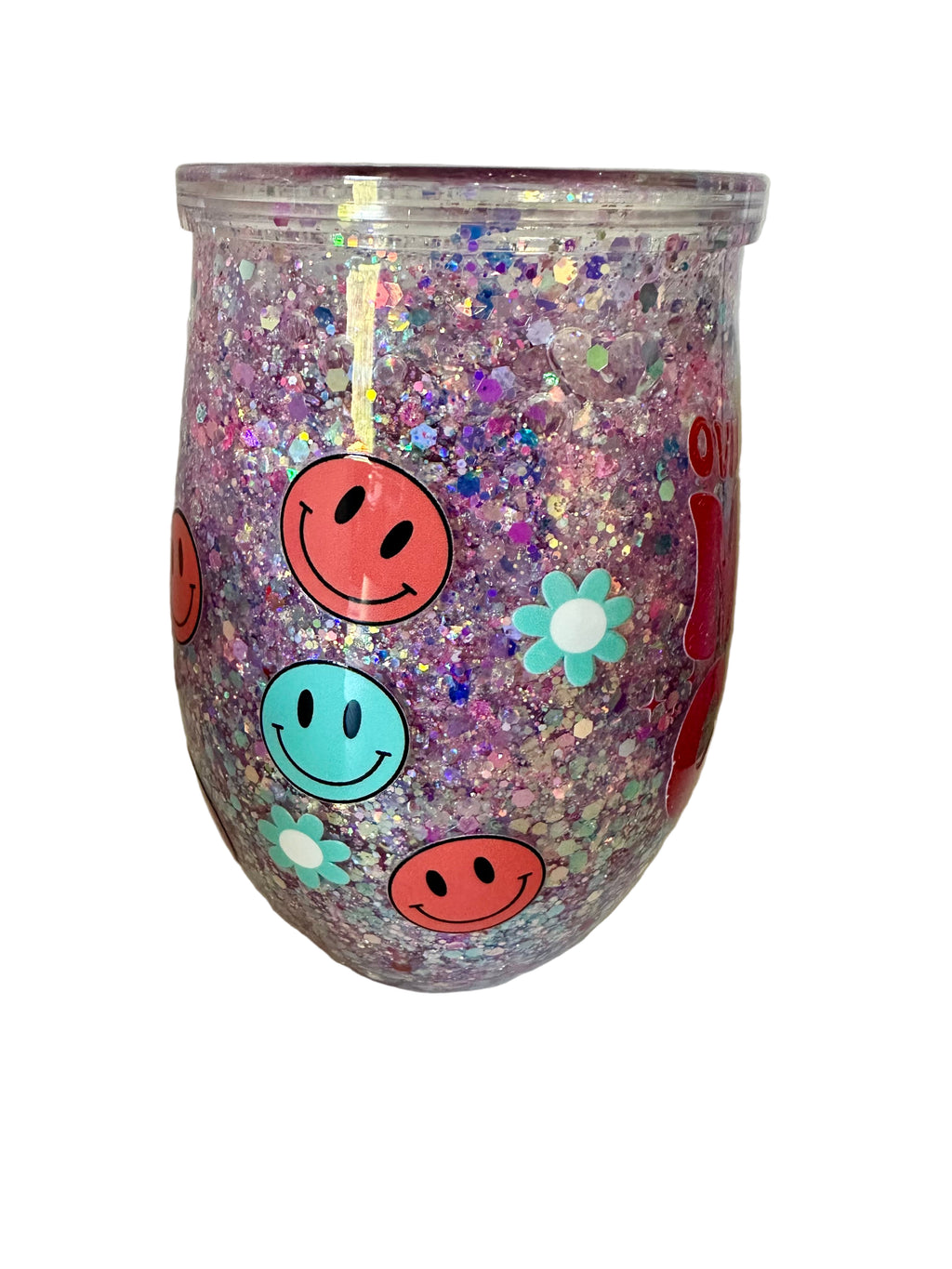 Pink glitter wine tumbler for moms with colorful graphics