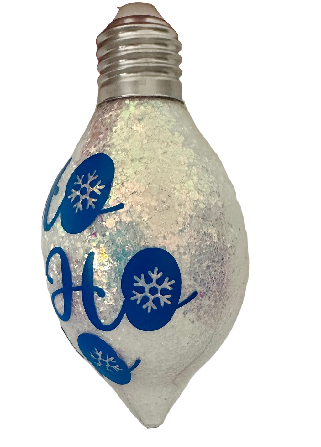 Christmas bulb ornament with Ho, Ho, Ho text and snowflake design