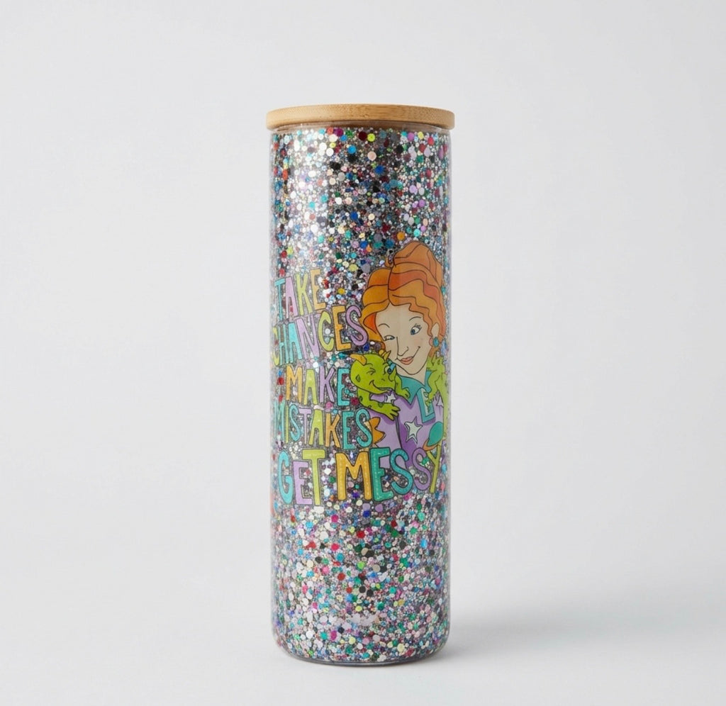 Inspirational glass tumbler with quote “Take Chances Make Mistakes Get Messy” 20oz iced coffee glass can cup with bamboo lid