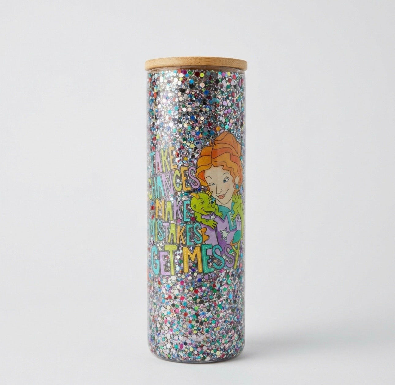 Inspirational glass tumbler with quote “Take Chances Make Mistakes Get Messy” 20oz iced coffee glass can cup with bamboo lid