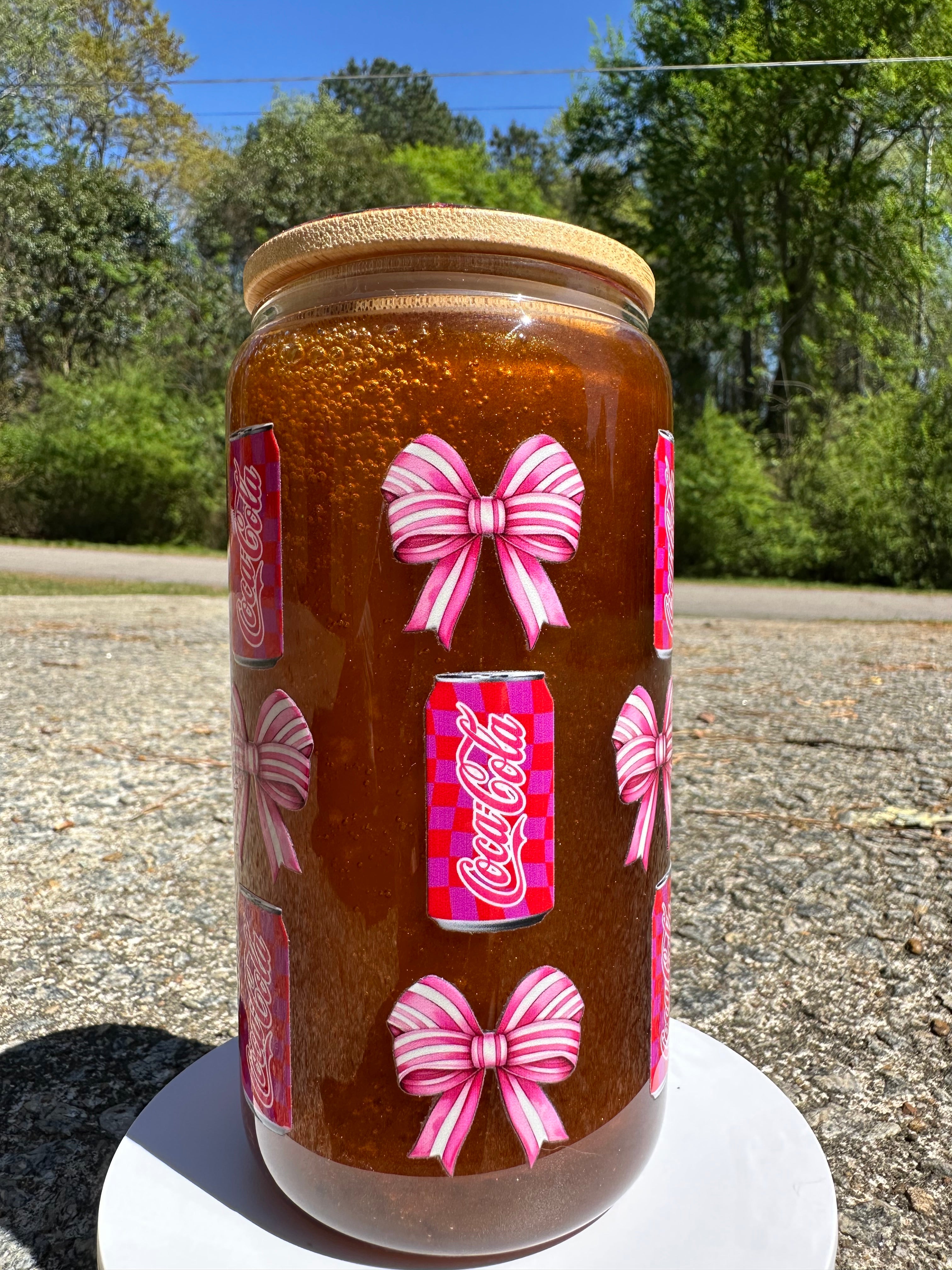 Soda & Bows Glass Can Cup – 16oz Aesthetic Bow Drink Cup, Cute Soda Glass Tumbler with Bamboo Lid, Iced Coffee Glass, Gift for Her Drinkware