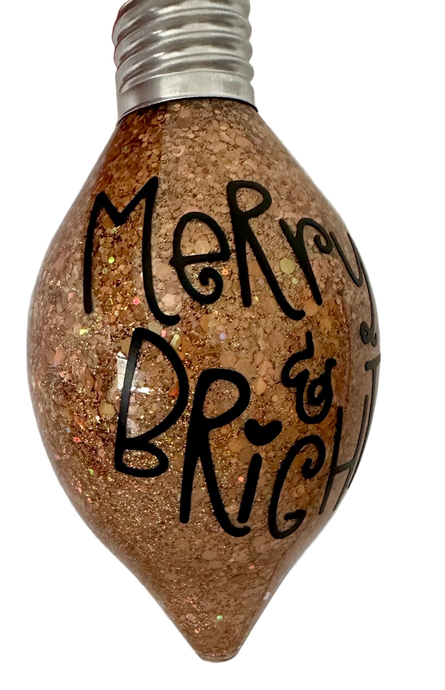 Copper glitter holiday bulb ornament with festive design