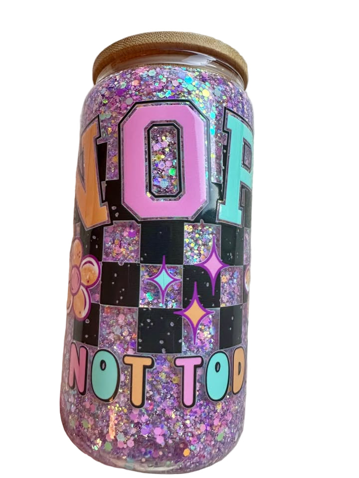 Nope, Not Today - 16oz Glass Glitter Tumbler with Bamboo Lid