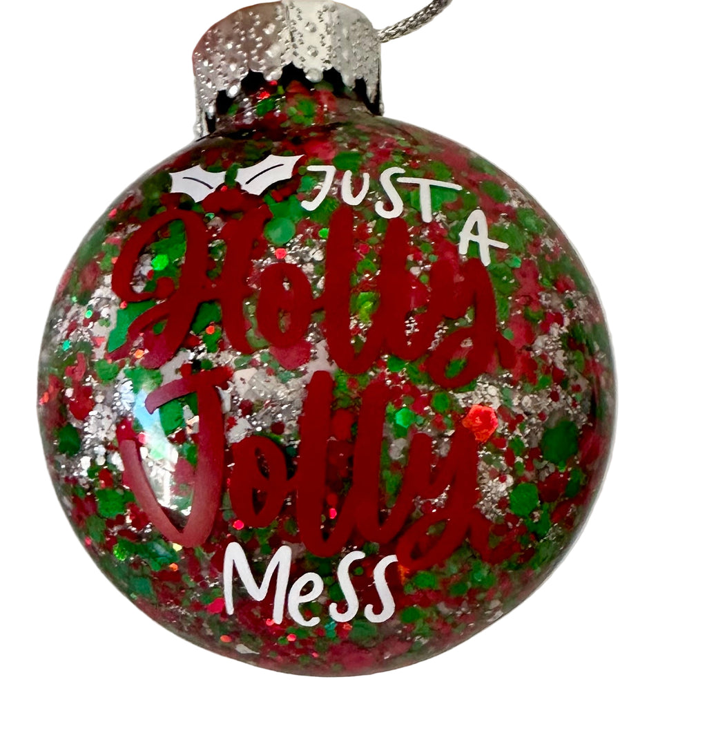 Handmade flat Christmas ornament with sparkle and festive design