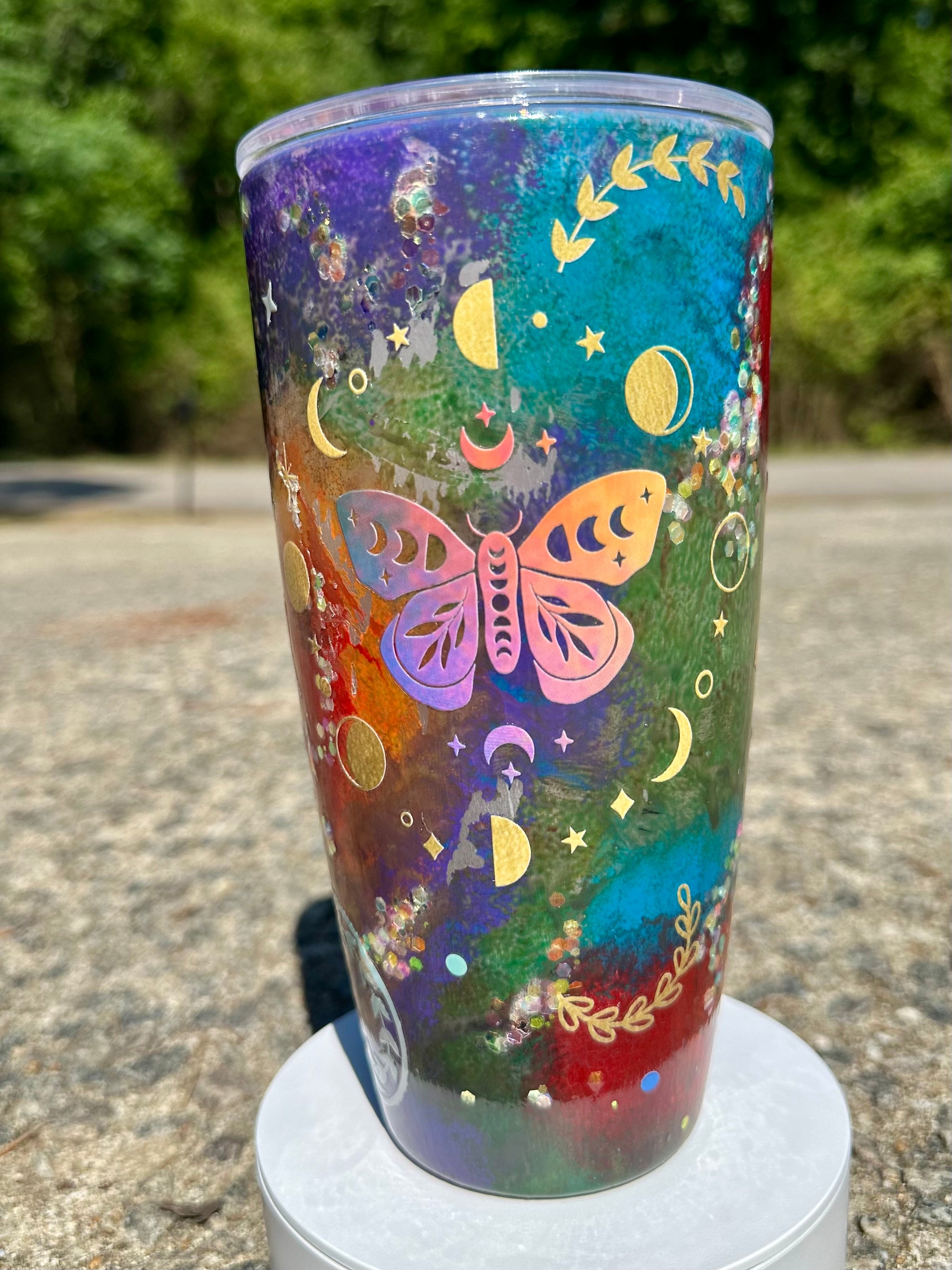 24oz Snowglobe Tumbler | Blue Cat Eye Glitter, Rainbow Tie Dye Cup