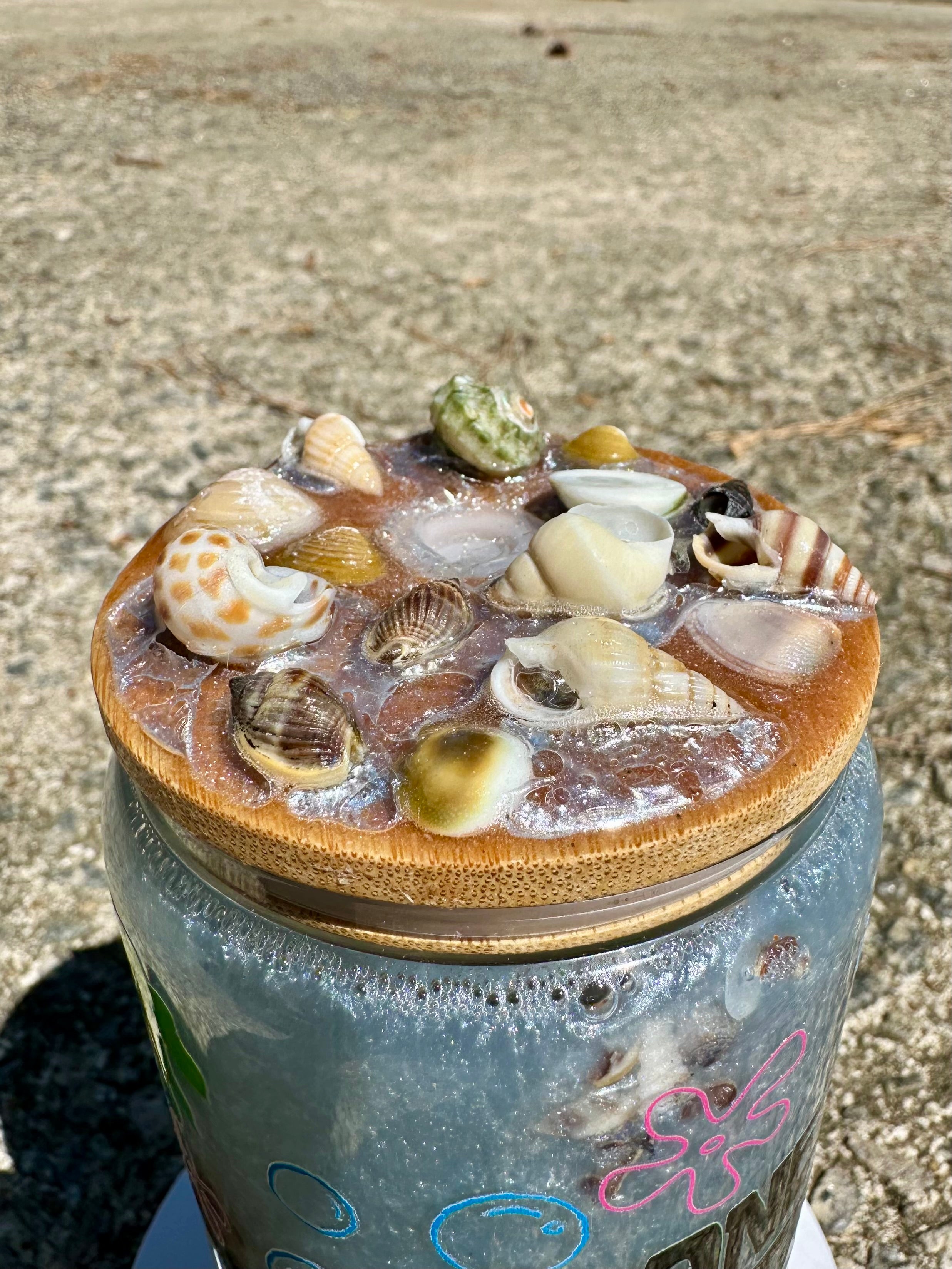 Beach Seashell Glass Tumbler – 16oz Coastal Aesthetic Can Cup with Bamboo Lid | Iced Coffee Glass | Beach Lover Gift
