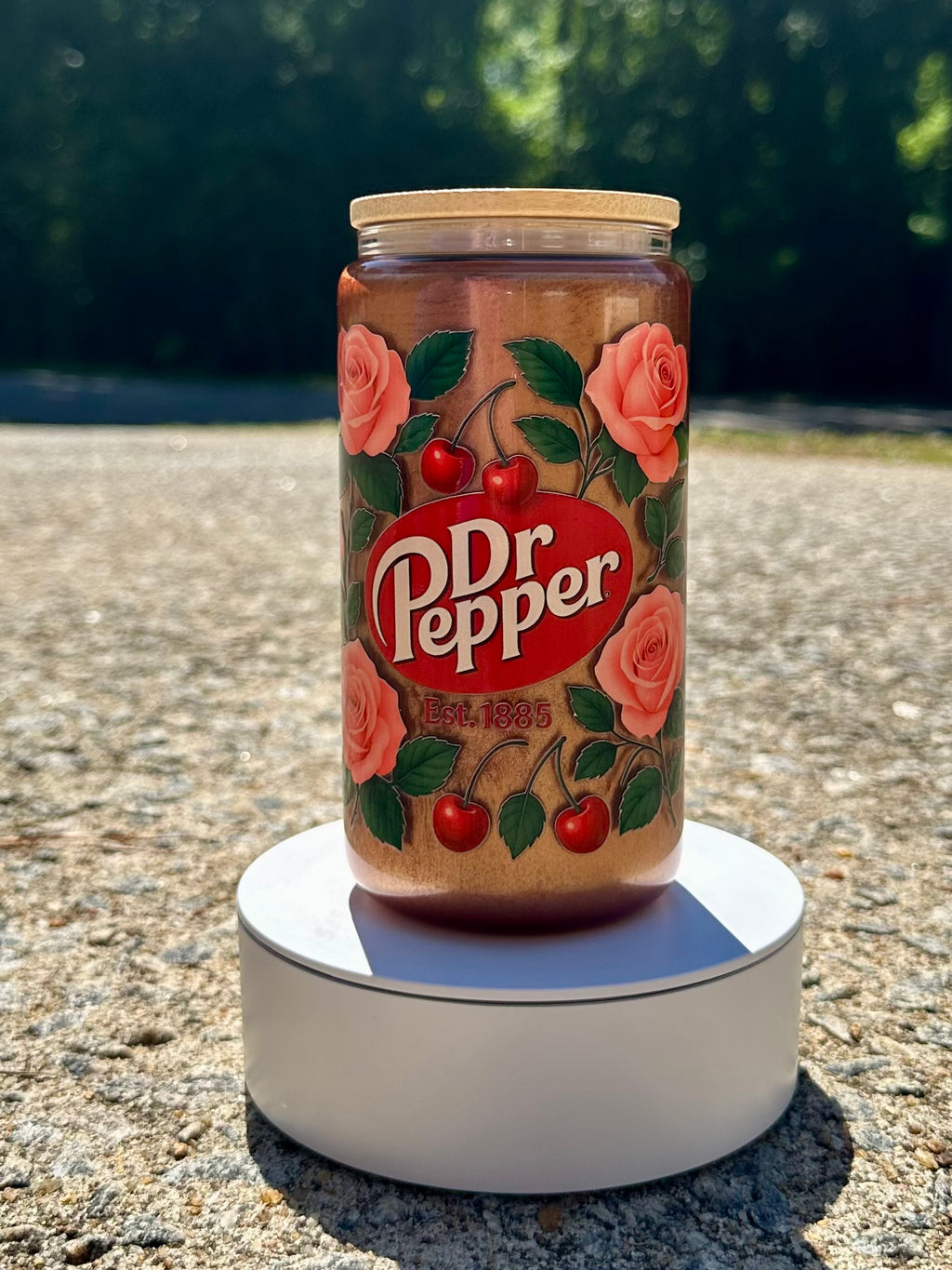 Cherry & Rose Vintage Soda-Inspired Glass Can Cup | Retro Floral Bamboo Lid Tumbler