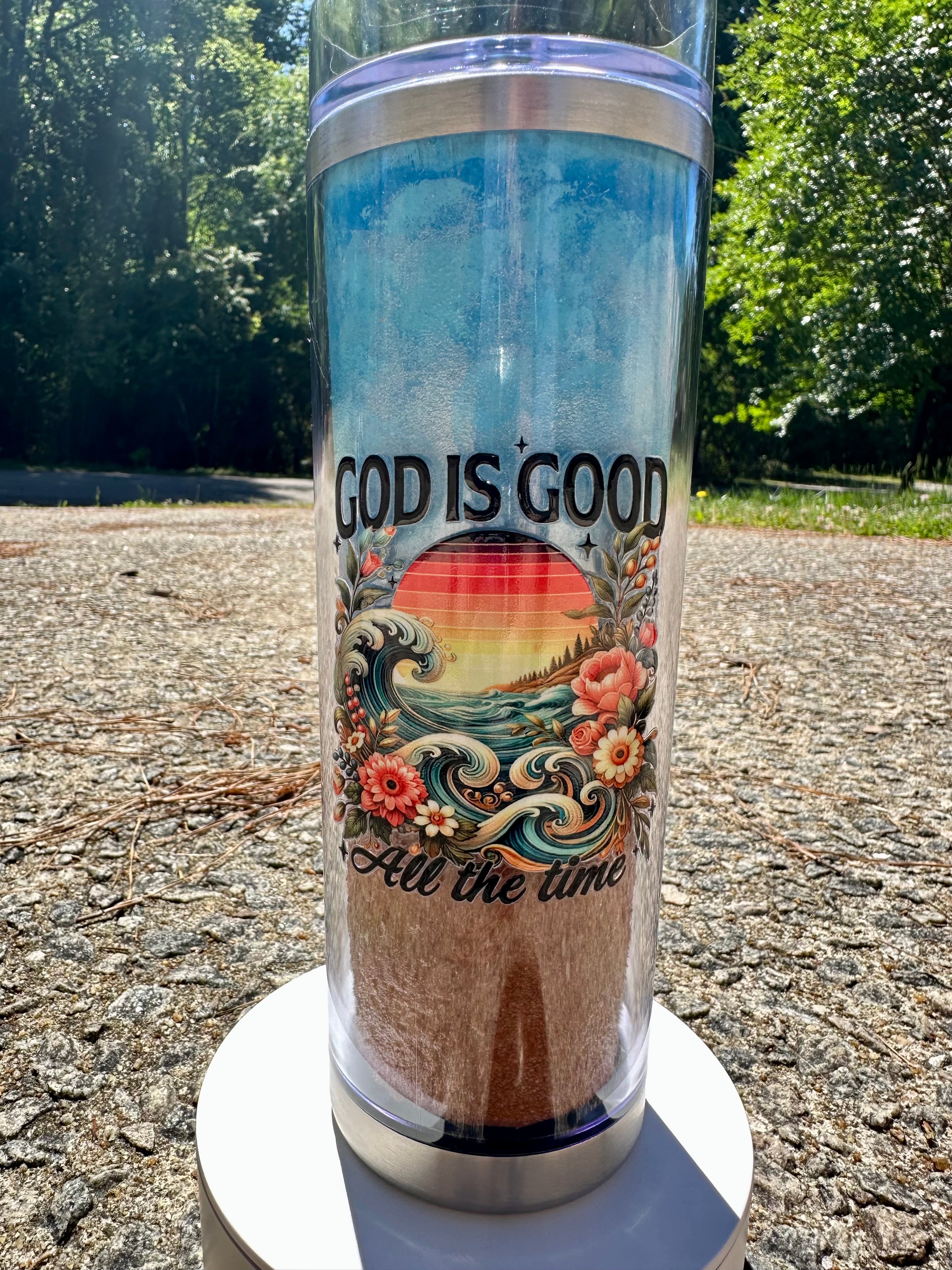 God is Good, Hand Painted Beach Tumbler – 20oz Cup Ocean Wave Aesthetic, Hot & Cold Tumbler, Coastal Iced Coffee Cup, Beach Lover Gift