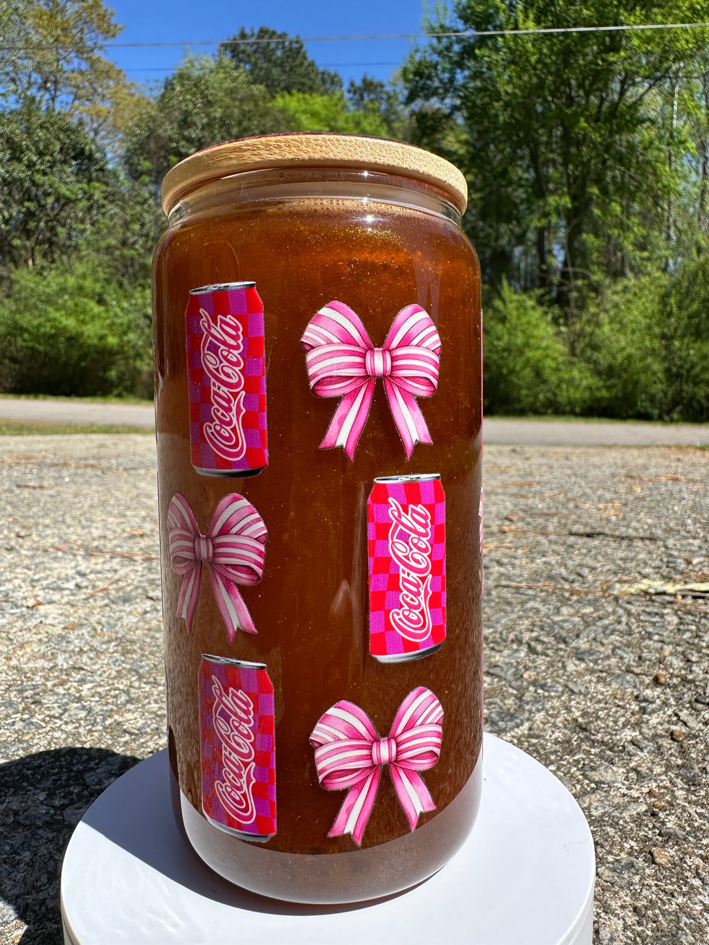 Soda & Bows Glass Can Cup – 16oz Aesthetic Bow Drink Cup, Cute Soda Glass Tumbler with Bamboo Lid, Iced Coffee Glass, Gift for Her Drinkware