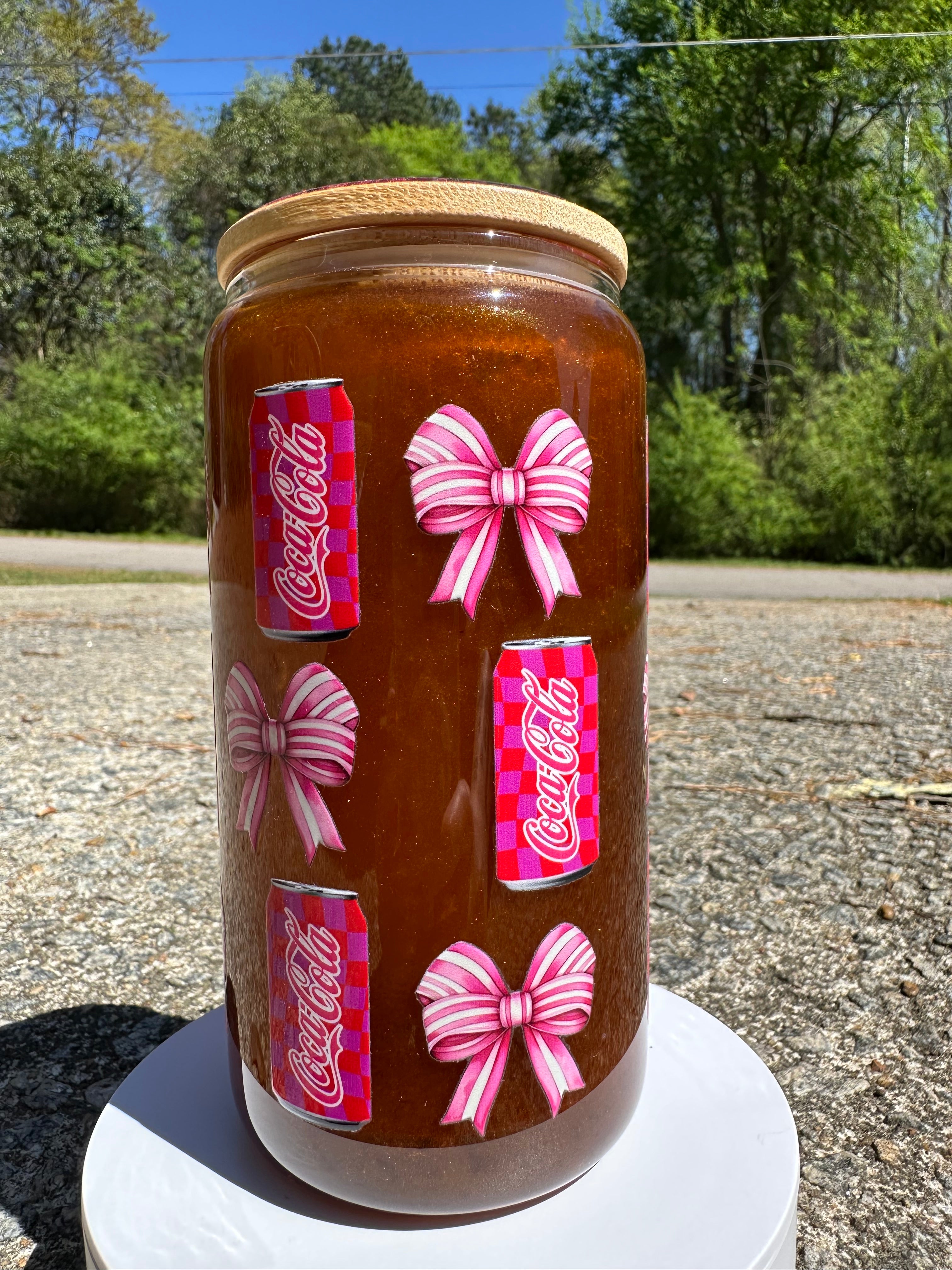 Soda & Bows Glass Can Cup – 16oz Aesthetic Bow Drink Cup, Cute Soda Glass Tumbler with Bamboo Lid, Iced Coffee Glass, Gift for Her Drinkware