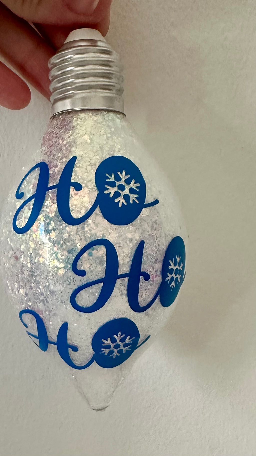 Handmade Ho, Ho, Ho Christmas bulb ornament with sparkle