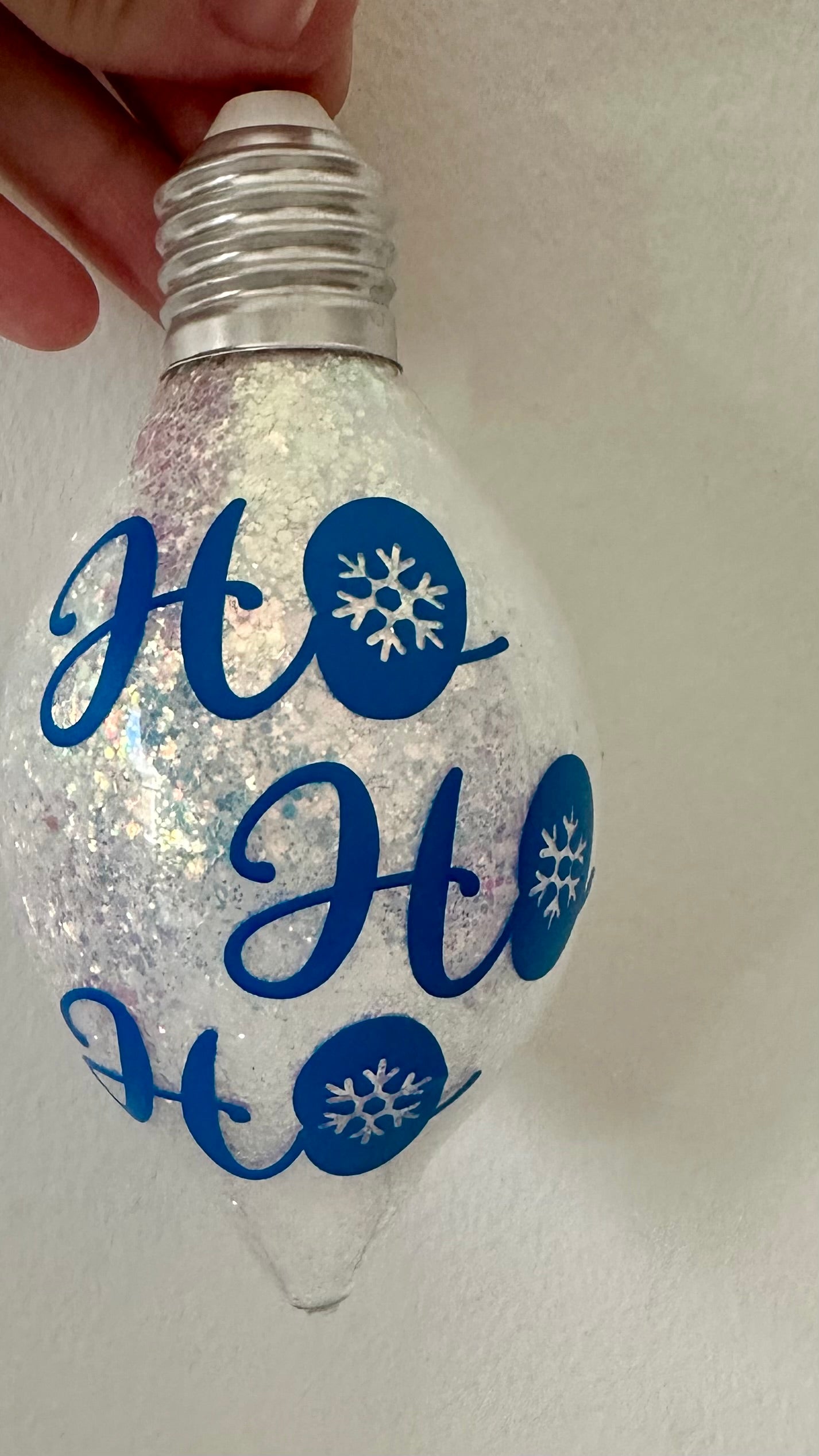 Handmade Ho, Ho, Ho Christmas bulb ornament with sparkle