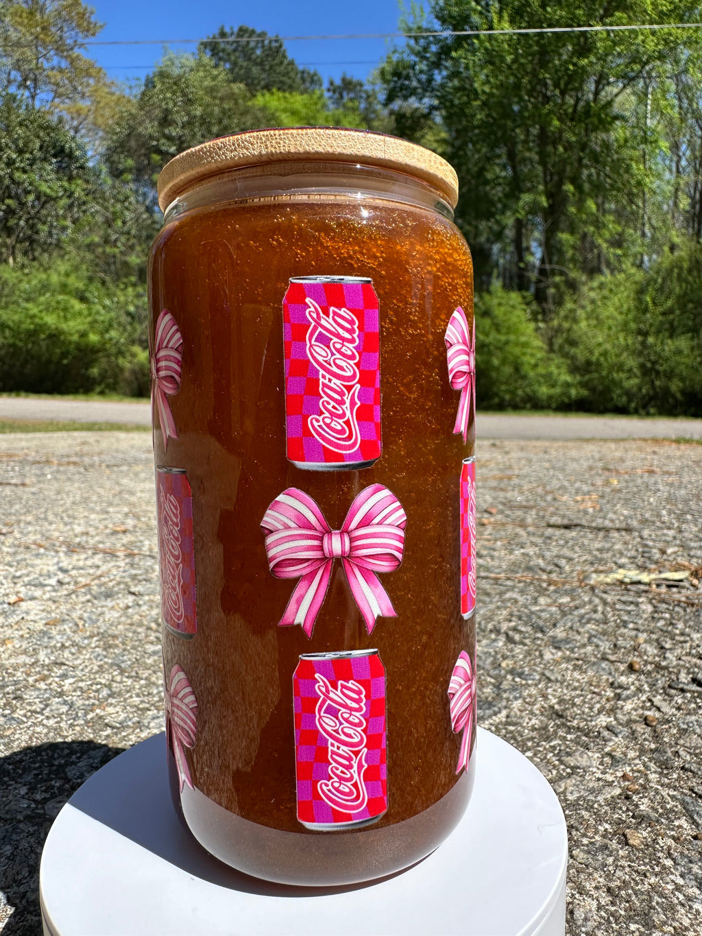 Soda & Bows Glass Can Cup – 16oz Aesthetic Bow Drink Cup, Cute Soda Glass Tumbler with Bamboo Lid, Iced Coffee Glass, Gift for Her Drinkware