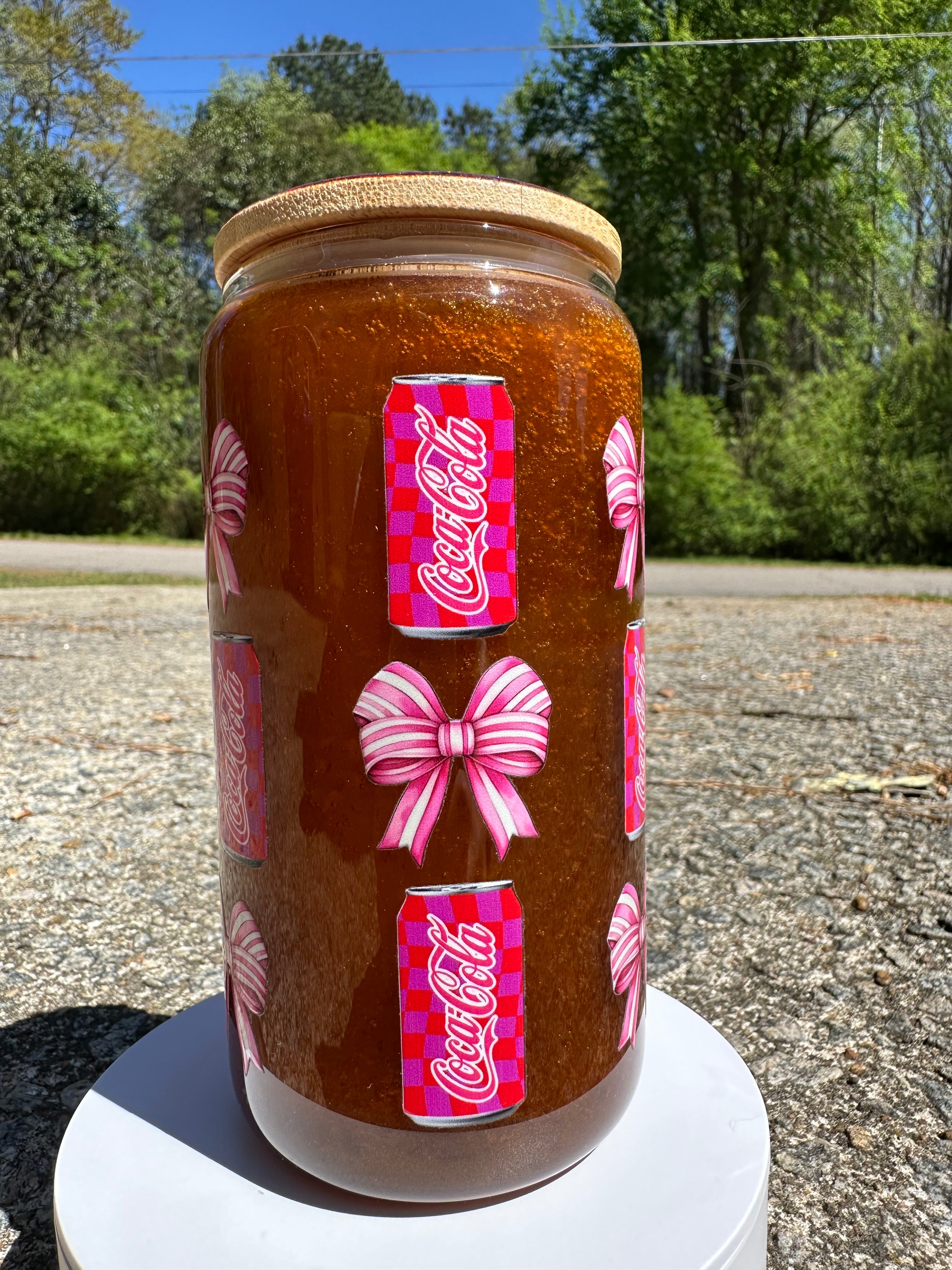 Soda & Bows Glass Can Cup – 16oz Aesthetic Bow Drink Cup, Cute Soda Glass Tumbler with Bamboo Lid, Iced Coffee Glass, Gift for Her Drinkware