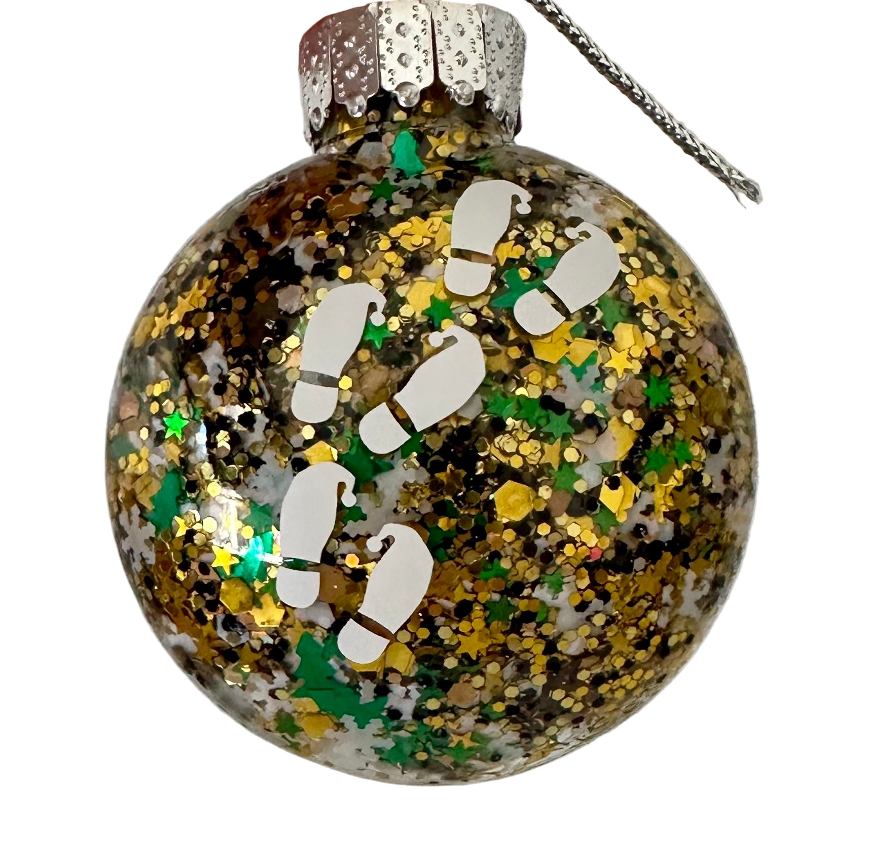 What the Elf Christmas ornament with glitter and elf footprints