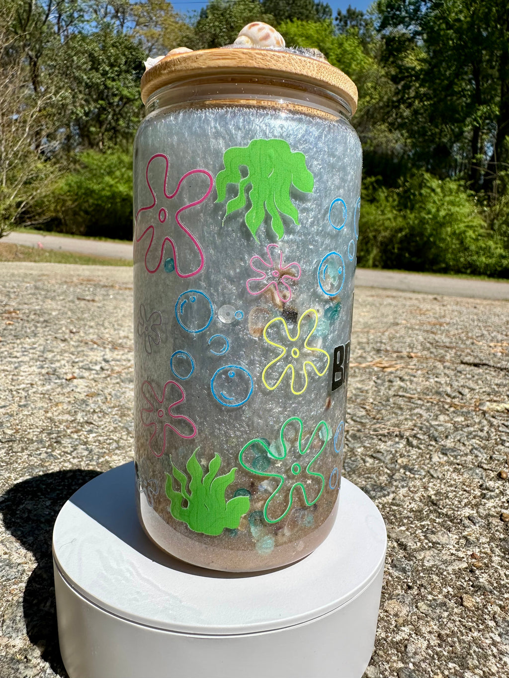 Beach Seashell Glass Tumbler – 16oz Coastal Aesthetic Can Cup with Bamboo Lid | Iced Coffee Glass | Beach Lover Gift