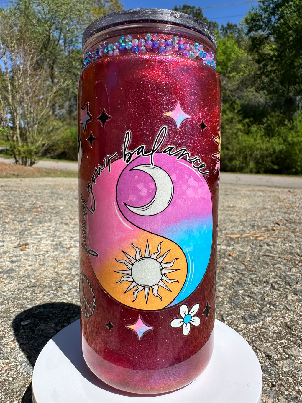 Find Your Balance Tumbler – 20oz Cat Eye Effect Acrylic Cup, Aesthetic Gradient Drink Cup, Insulated Iced Coffee Tumbler, Motivational Gift for Her