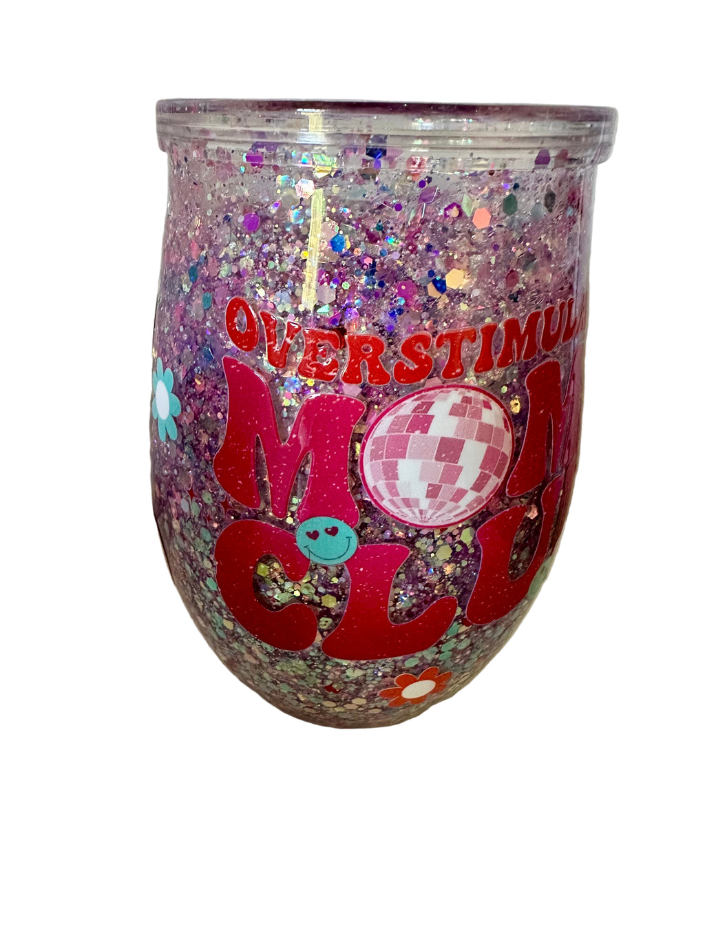 10oz acrylic wine tumbler with glitter finish and fun mom design