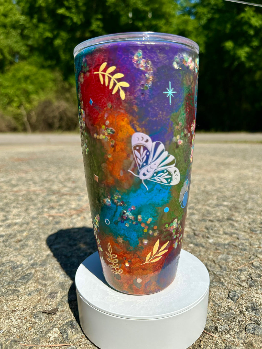 24oz Snowglobe Tumbler | Blue Cat Eye Glitter, Rainbow Tie Dye Cup