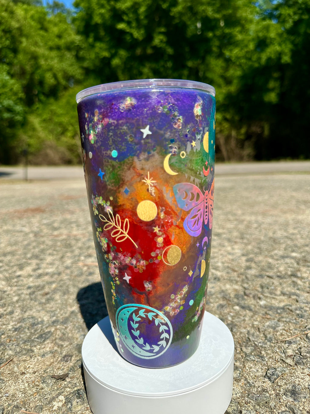 24oz Snowglobe Tumbler | Blue Cat Eye Glitter, Rainbow Tie Dye Cup