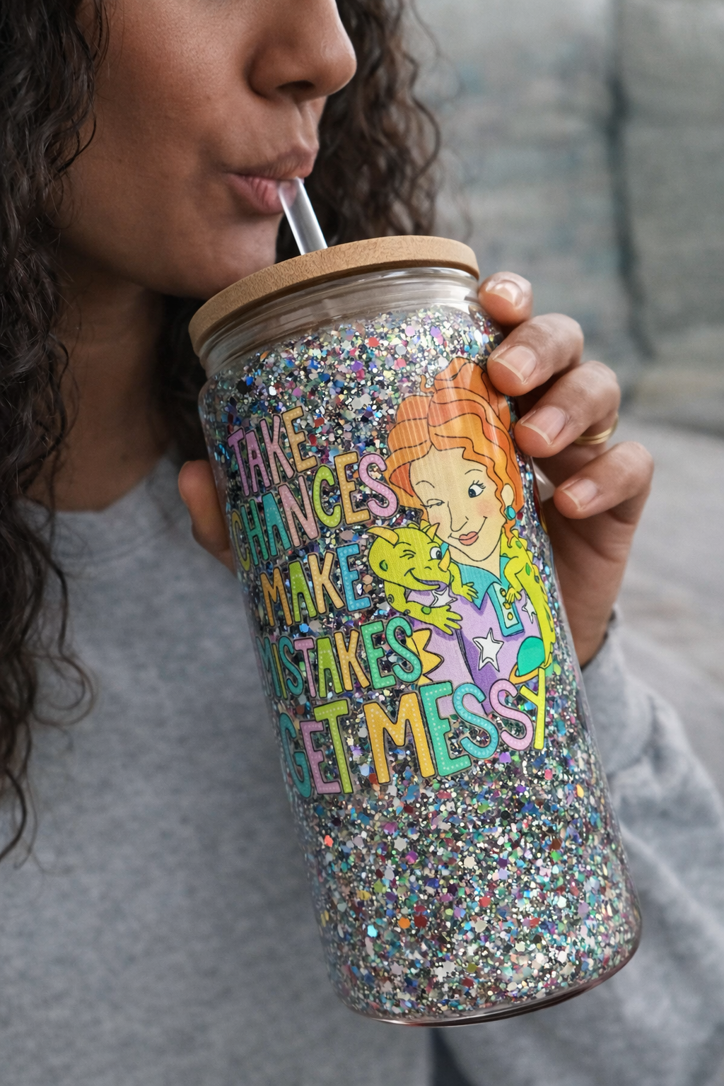 Take Chances Make Mistakes Get Messy Tumbler – 20oz Glass Can Cup with Bamboo Lid, Inspirational Teacher Gift Iced Coffee Cup