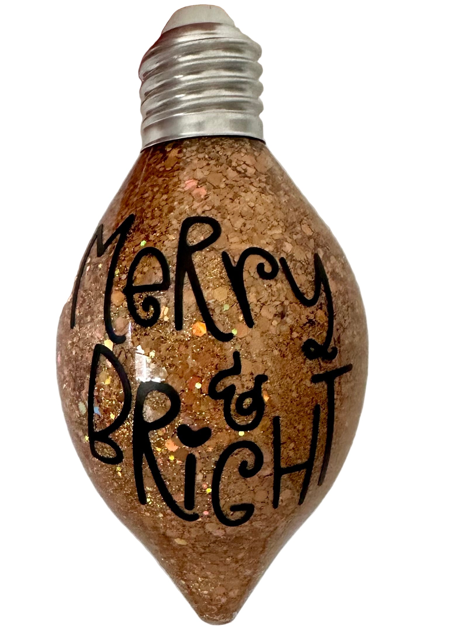 Handmade Merry & Bright Christmas bulb ornament with shimmer