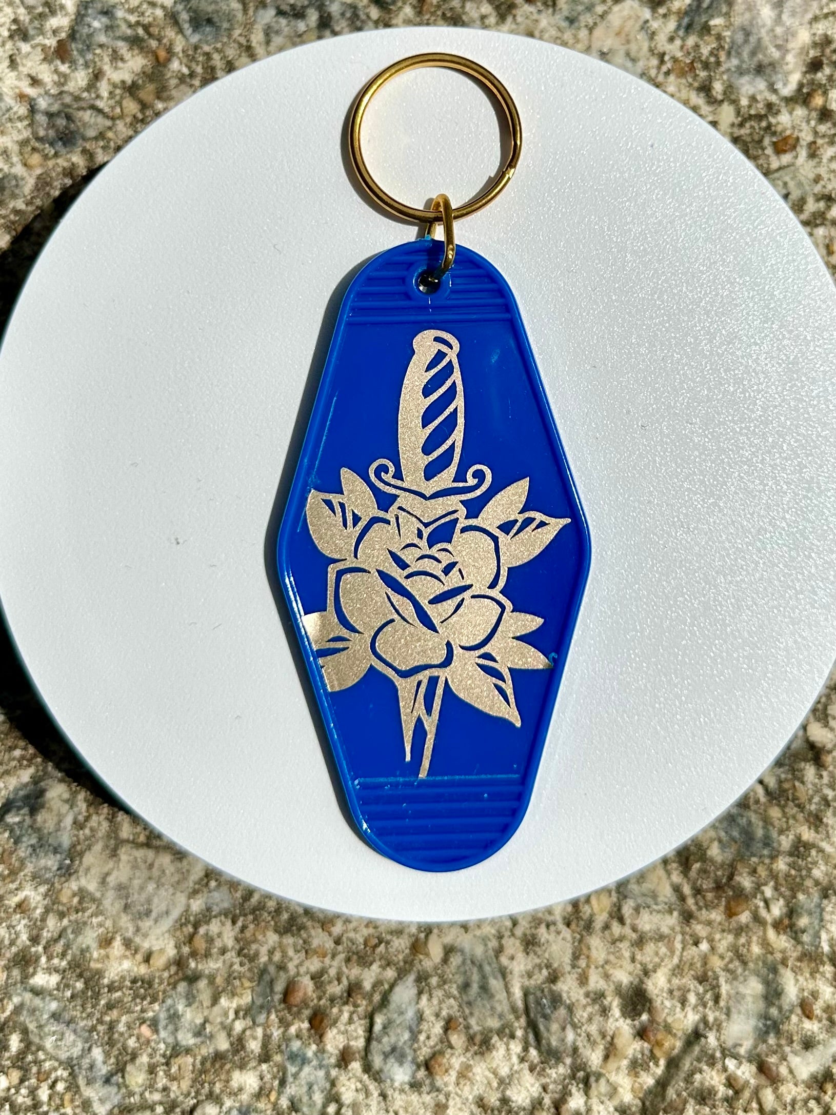 Rose Dagger Keychain Blue Acrylic Key Tag, Tattoo Style Keychain, Traditional Tattoo Art Keychain, Alt Aesthetic Accessories, Gift for Tattoo Lovers