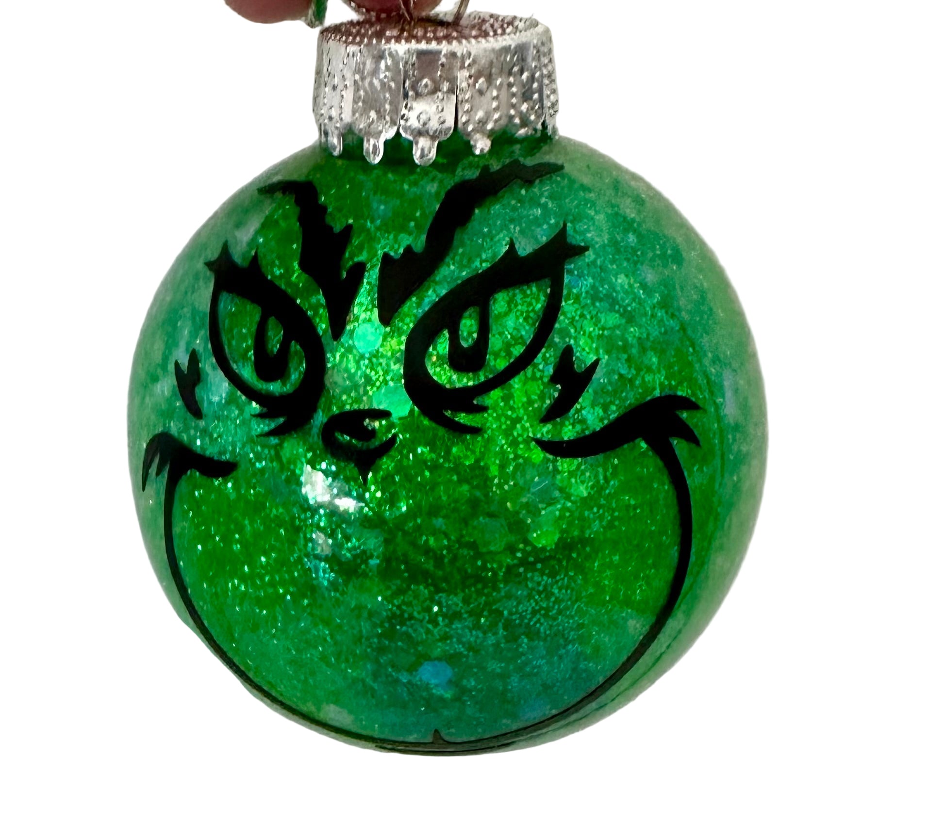 Handmade Grinch round ornament with sparkling green glitter 