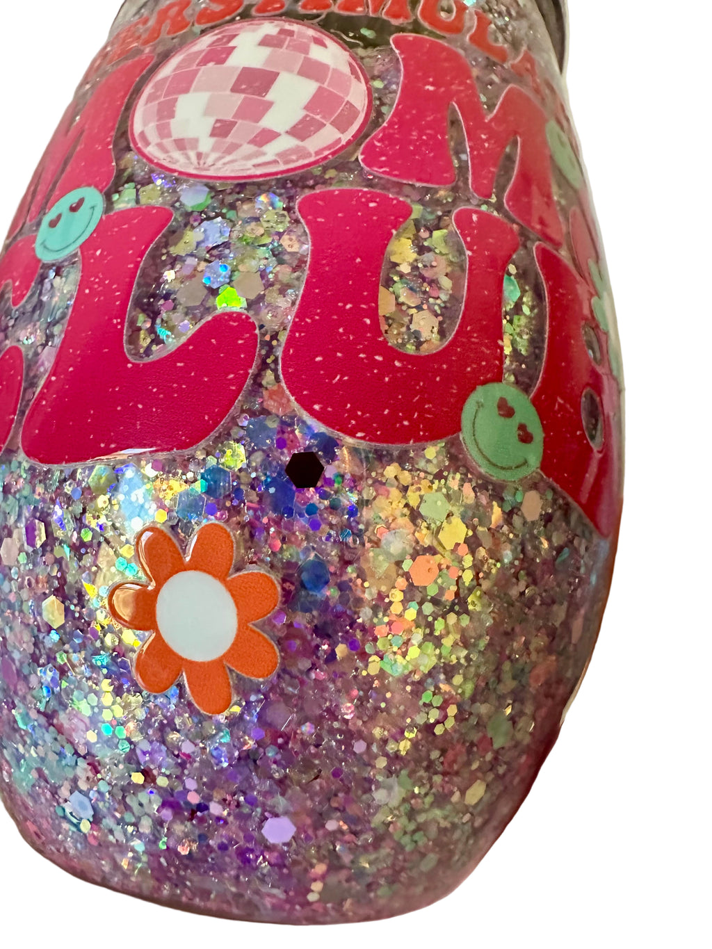 Overstimulated Mom's Club tumbler detail shot