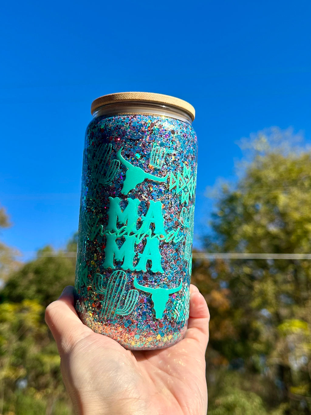 Mama tumbler 16oz glass with teal western design and dry glitter