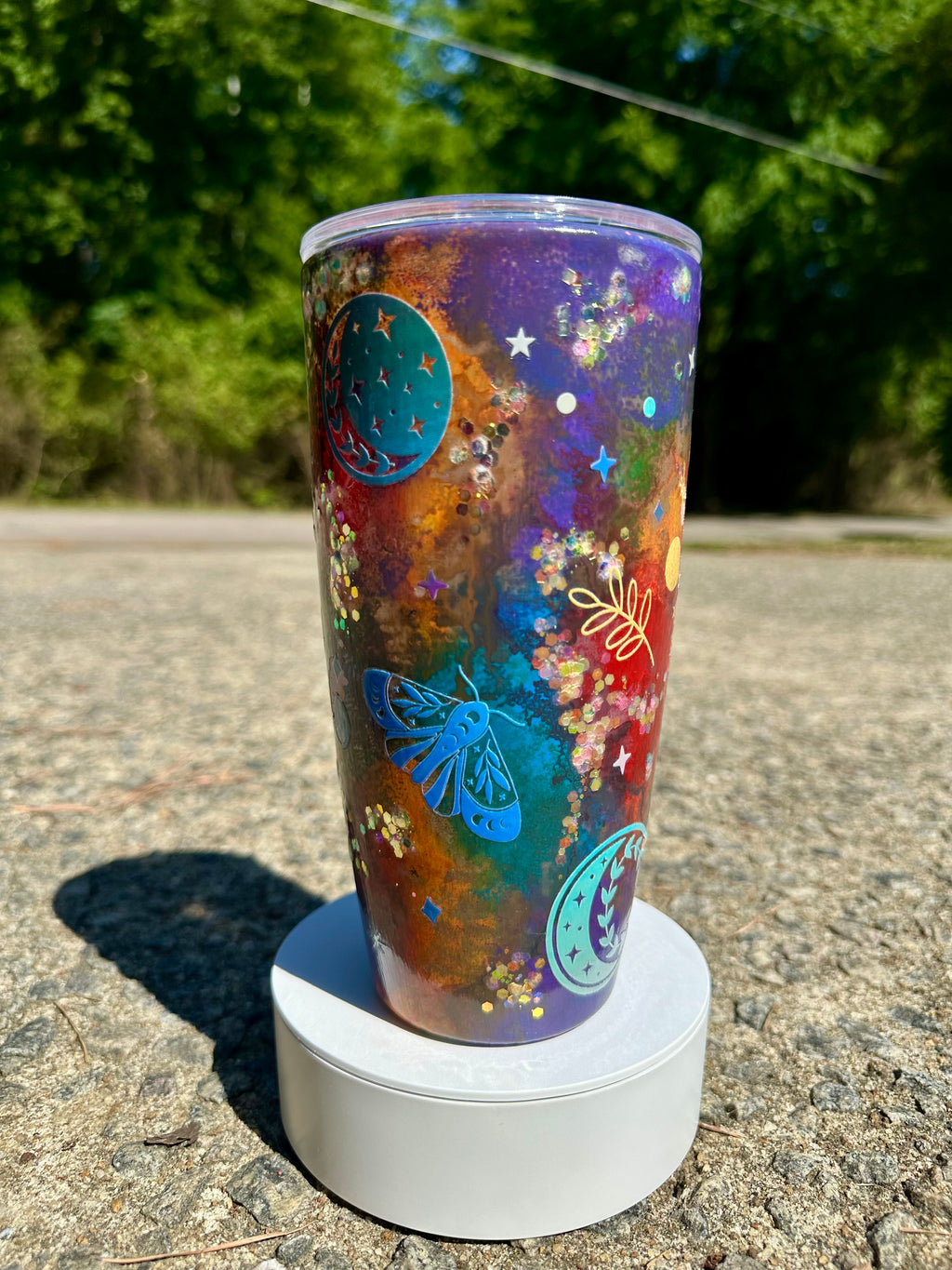 24oz Snowglobe Tumbler | Blue Cat Eye Glitter, Rainbow Tie Dye Cup