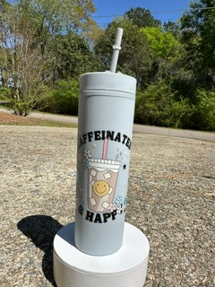 Caffeinated & Happy Tumbler – 16oz Funny Coffee Lover Iced Coffee, Aesthetic Drinkware Gift for Her
