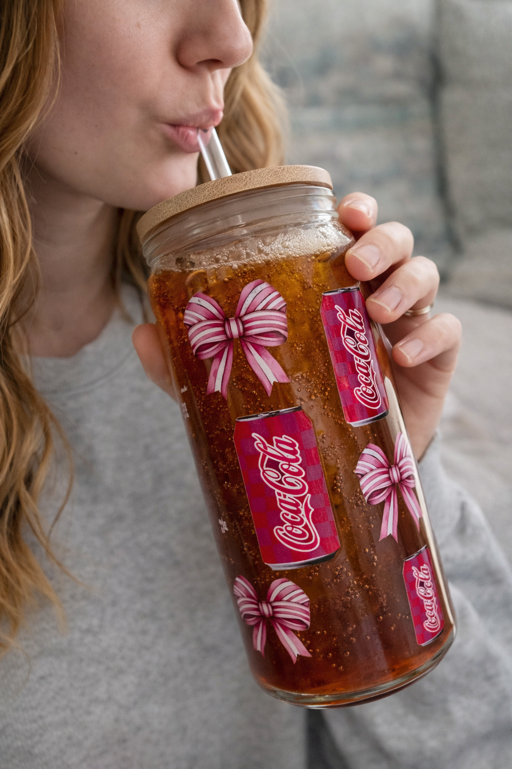 Soda & Bows Glass Can Cup – 16oz Aesthetic Bow Drink Cup, Cute Soda Glass Tumbler with Bamboo Lid, Iced Coffee Glass, Gift for Her Drinkware