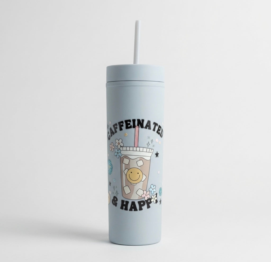 Caffeinated and happy tumbler 16oz iced coffee cup  funny coffee lover aesthetic drinkware