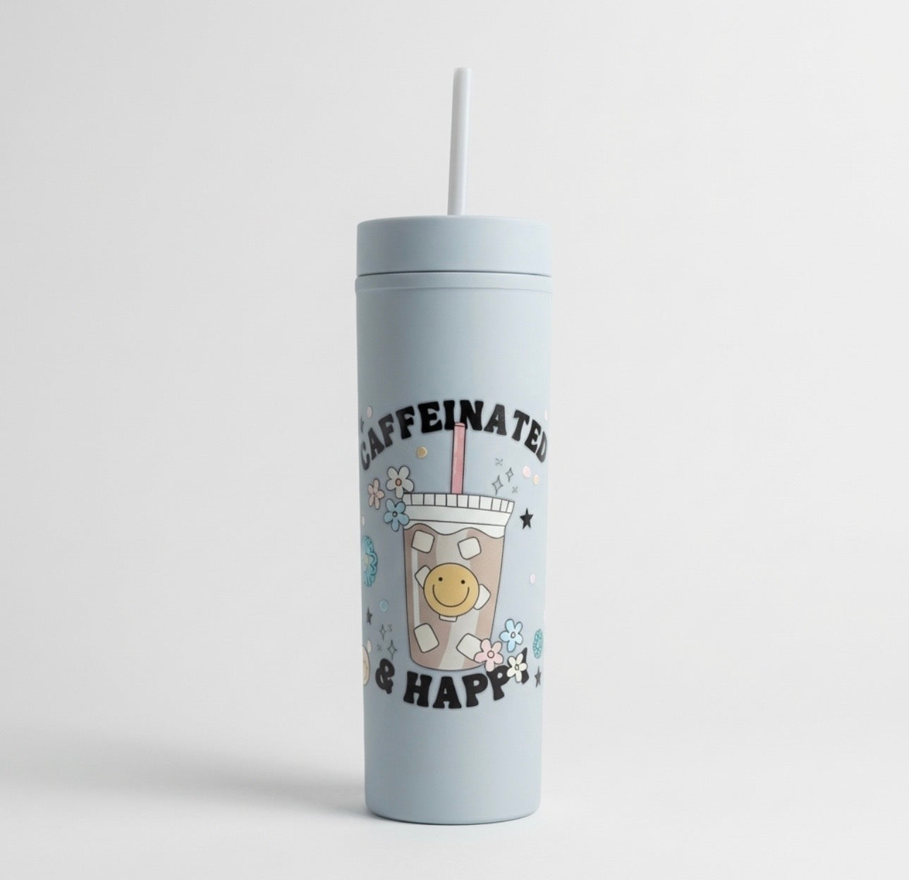 Caffeinated and happy tumbler 16oz iced coffee cup  funny coffee lover aesthetic drinkware