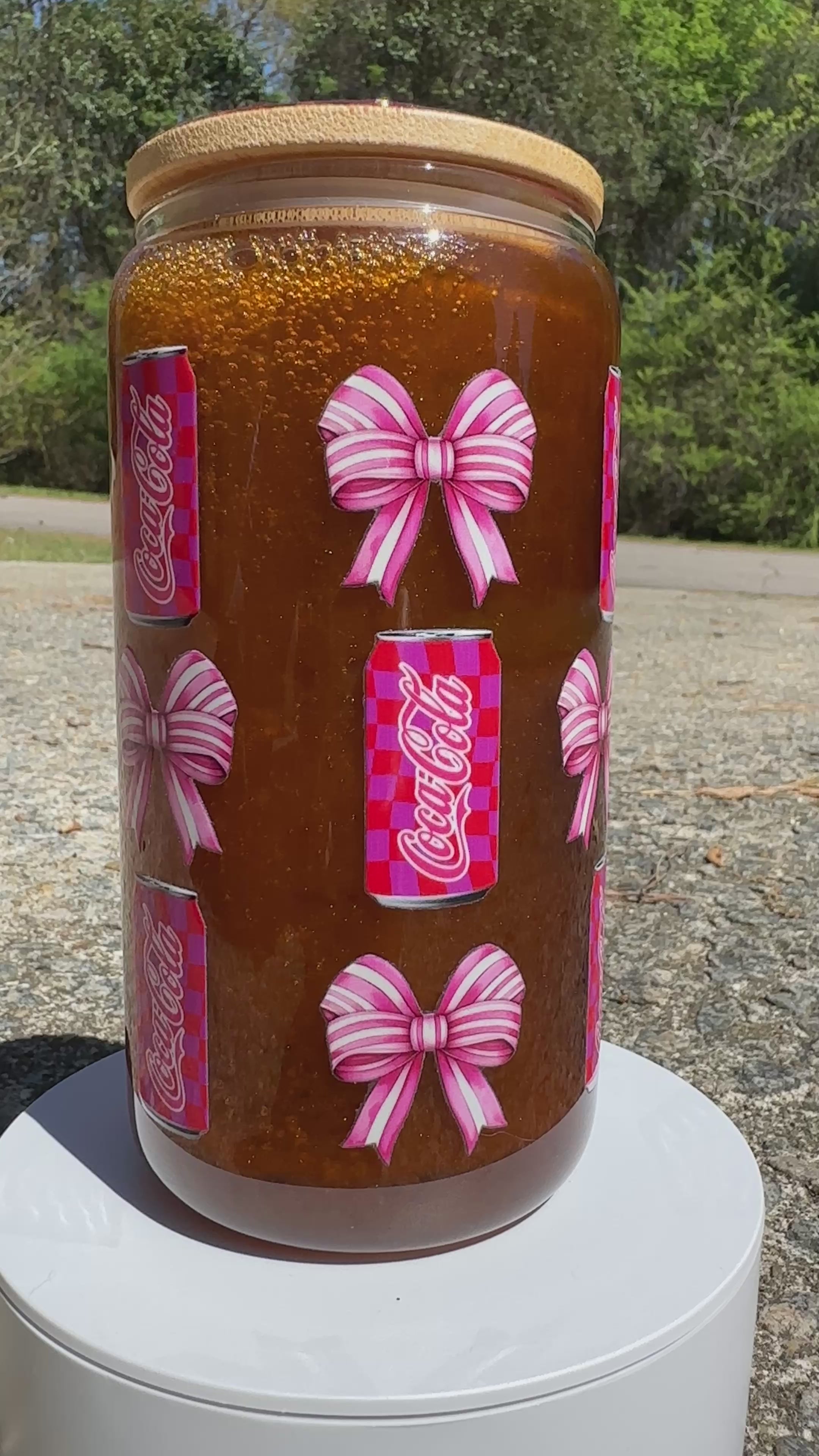 Soda & Bows Glass Can Cup – 16oz Aesthetic Bow Drink Cup, Cute Soda Glass Tumbler with Bamboo Lid, Iced Coffee Glass, Gift for Her Drinkware