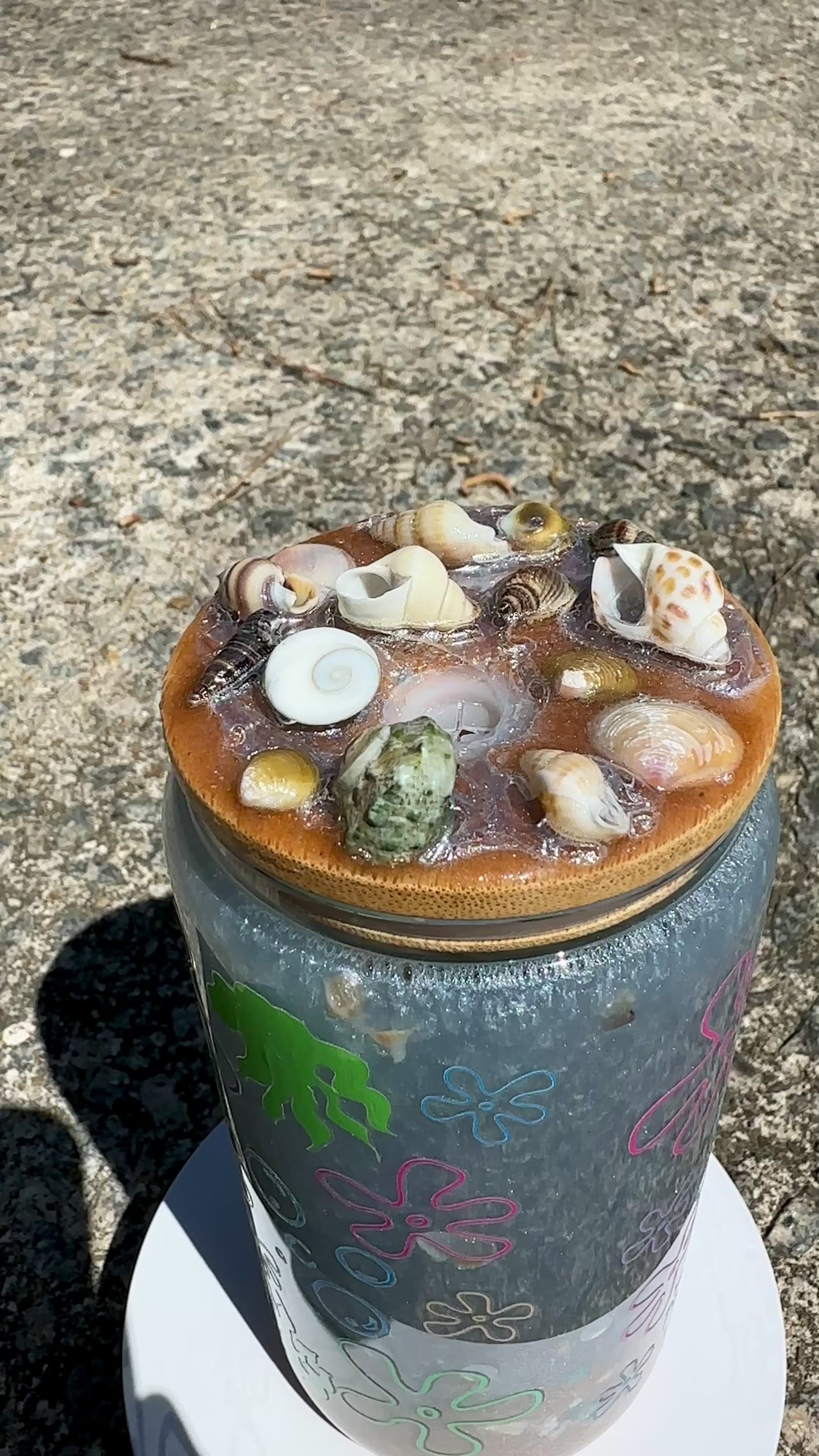 Beach Seashell Glass Tumbler – 16oz Coastal Aesthetic Can Cup with Bamboo Lid | Iced Coffee Glass | Beach Lover Gift
