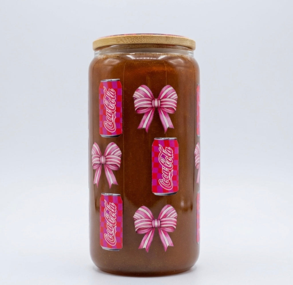 16oz glass can cup soda and bows aesthetic cute bow drink tumbler iced coffee glass with bamboo lid trendy reusable drinkware