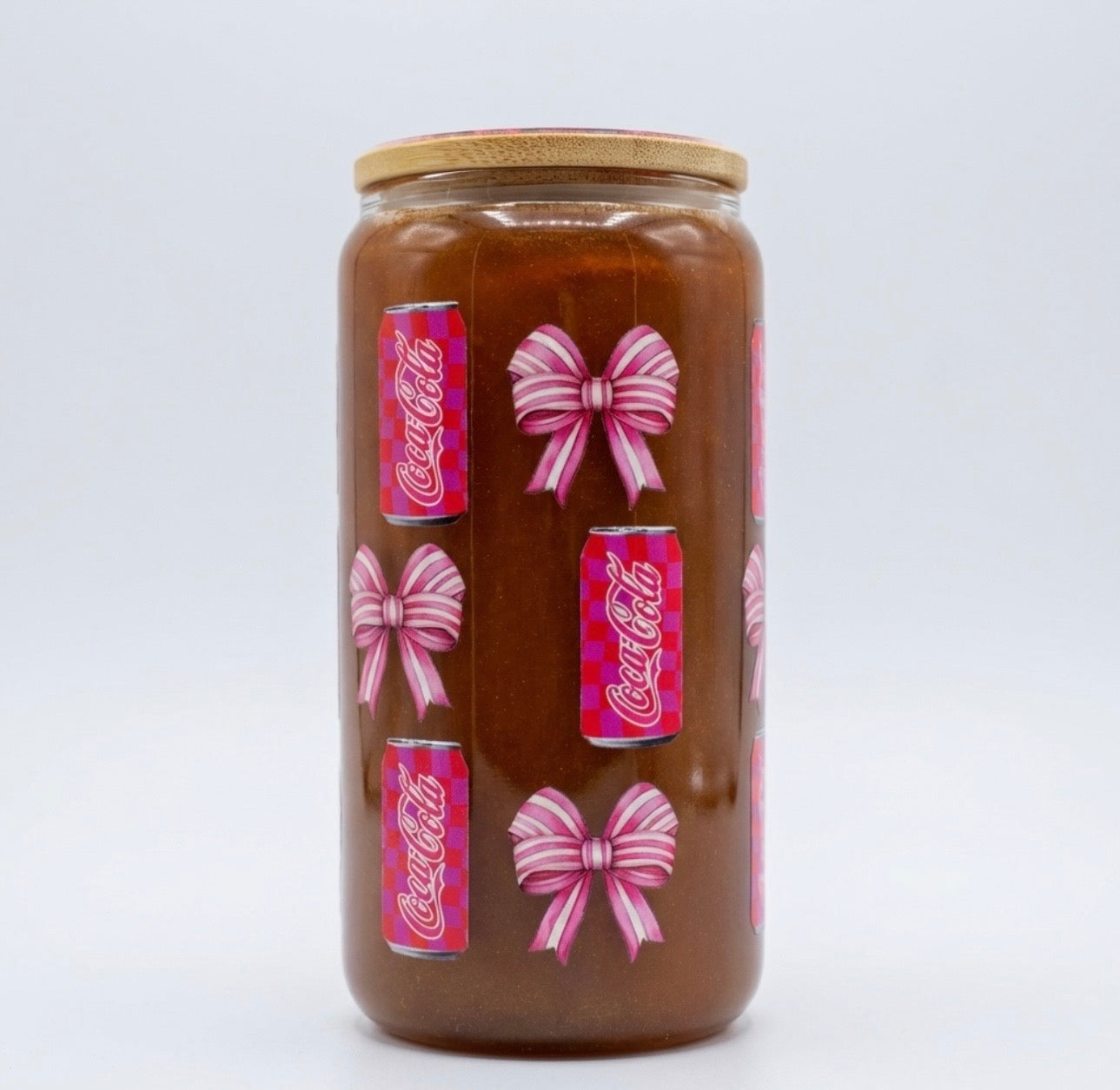 16oz glass can cup soda and bows aesthetic cute bow drink tumbler iced coffee glass with bamboo lid trendy reusable drinkware